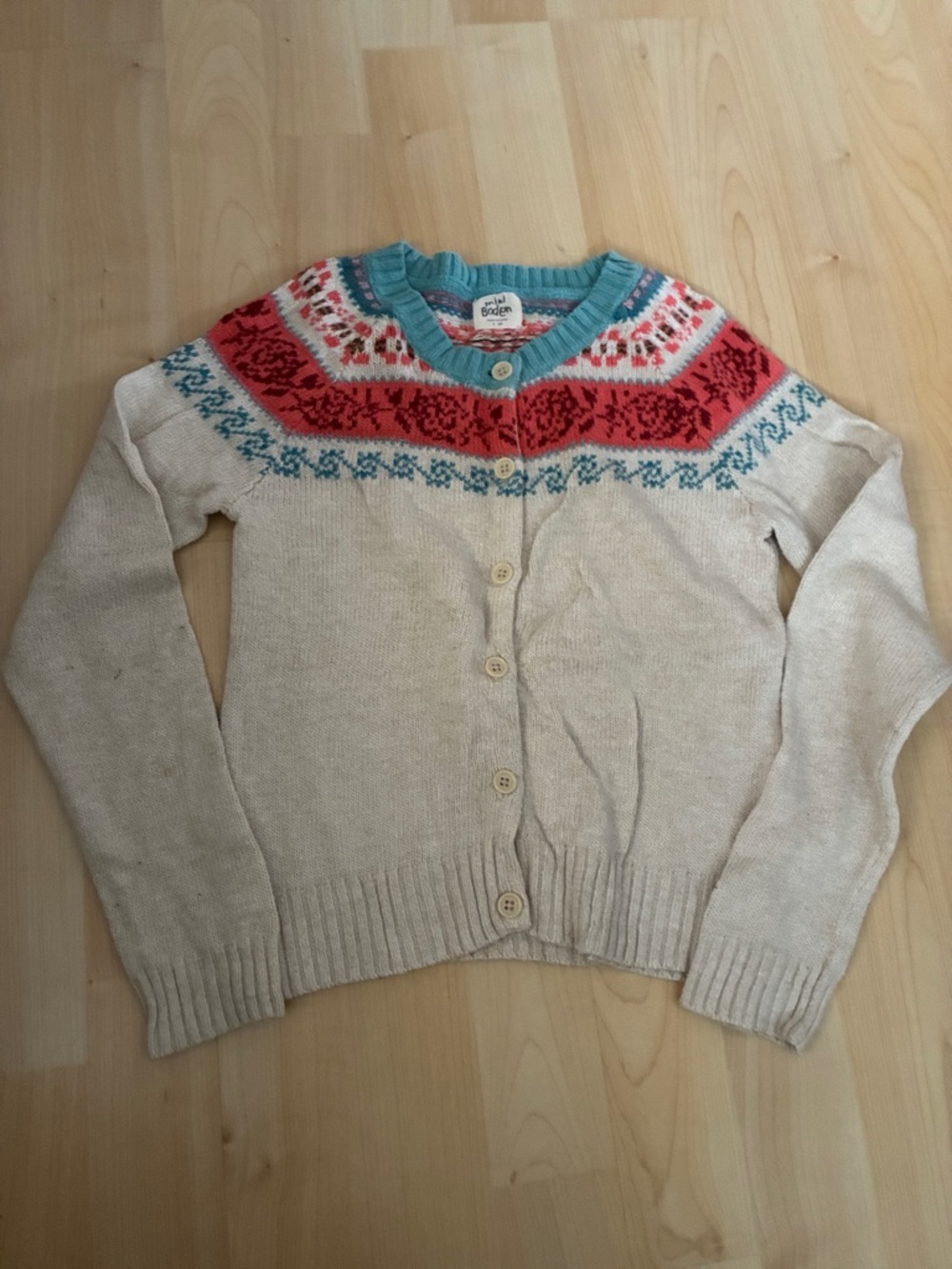 Mini Boden Cream Cardigan with Red and Teal Fair Isle Yoke